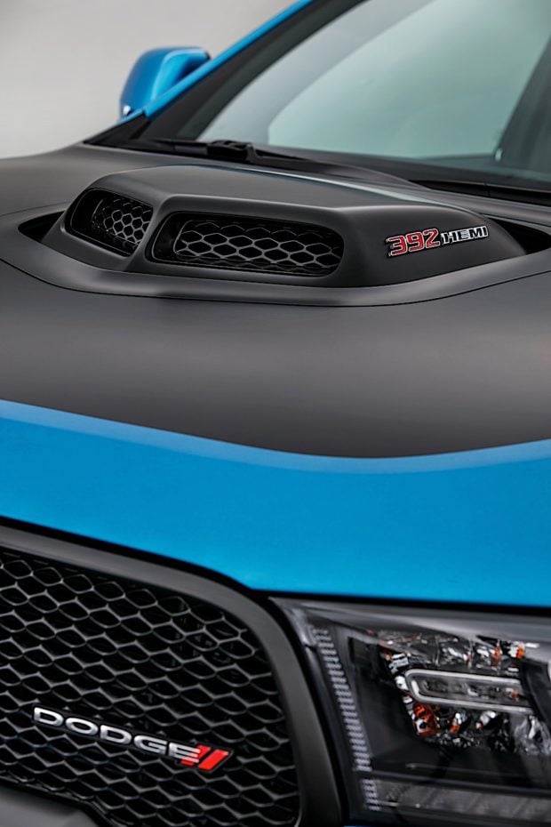 The B5 Blue three-row SUV features a custom-fabricated, functional Shaker Hood — the first-ever for a Dodge Durango.
