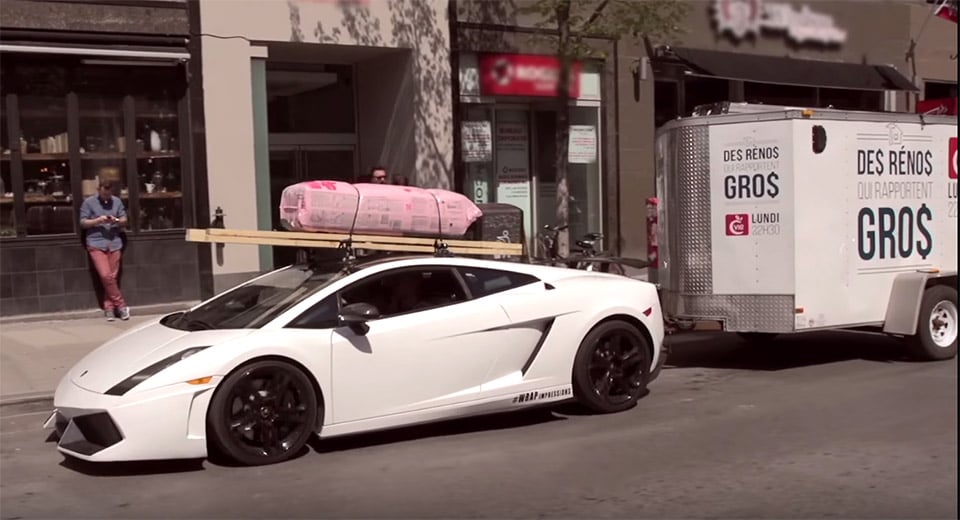 Lamborghini Gallardo Tows a Trailer and Building Materials