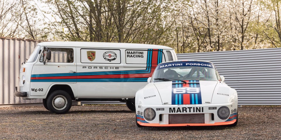 Martini Liveried Porsche 934/5 and VW Bus are the Perfect Pair
