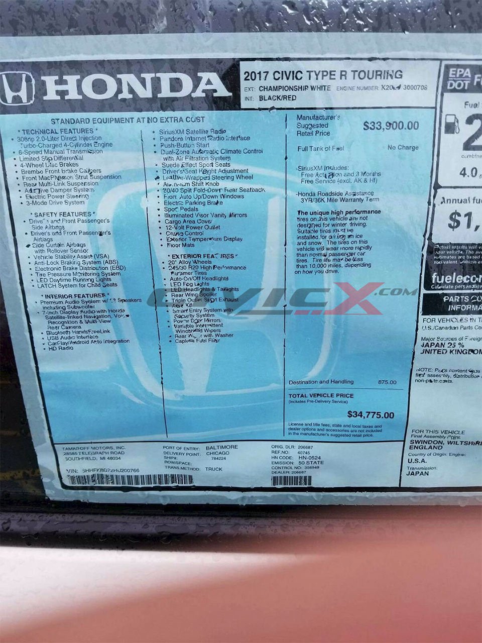 Honda Civic Type R Price Revealed by Window Sticker